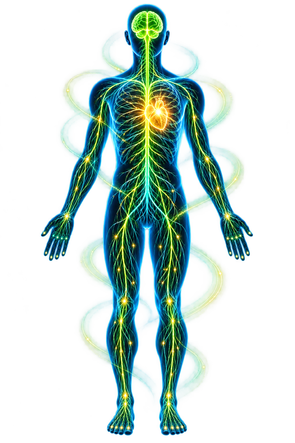 Human body with illuminated brain, heart, nervous system and electrical pathways